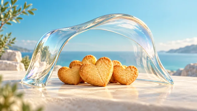 Heart-shaped cookies beneath an open glass canopy beside turquoise water.